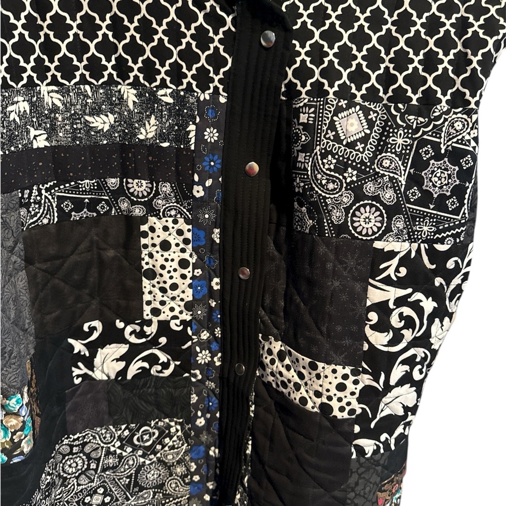 Chic Patchwork Black Pea Coat Quilted Jacket Black - image 3